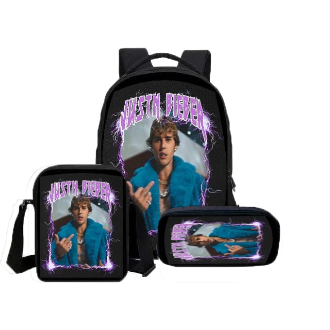 maxall Justin Bieber Casual School/College/Office Bag with Lunch & Pencil Pouch for Girls and Boys Backpack (COMBO OF 3-SIZE BAGS)(Black) BAGPACKMAXALL47