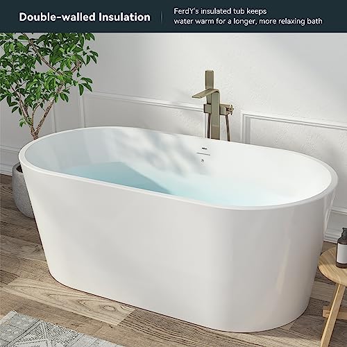 Ferdy Shangri-La 59" Acrylic Freestanding Bathtub, Gracefully Shaped Soaking Bathtub, Glossy White, Cupc Certified, Brushed Nickel Drain & Minimalist Linear Design Overflow Included, 02522 #TOP1