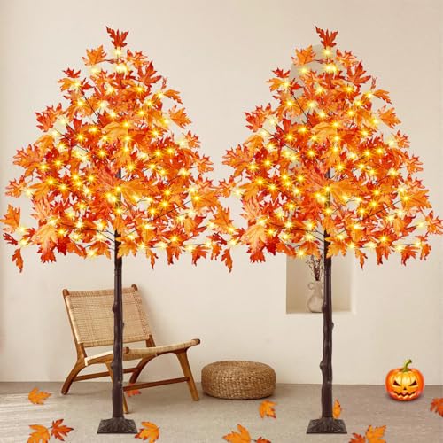 2 Pack 6FT Artificial Lighted Maple Tree, Fall Decorations for Home with Timer, 300 LED Prelit Fall Decor Maple Tree with Warm White Light for Indoor Outdoor Harvest Halloween Thanksgiving Day, Orange