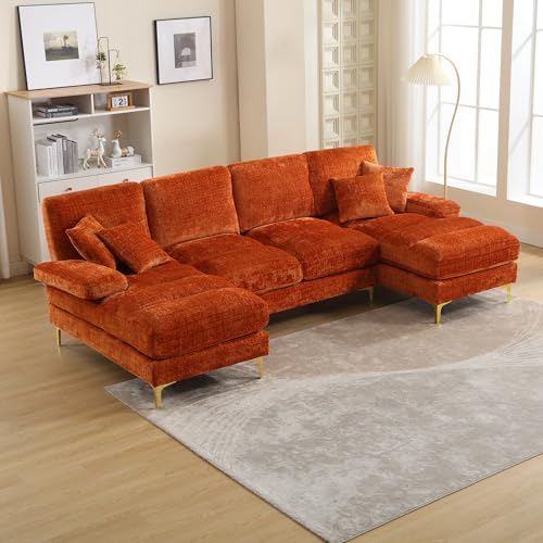 HAINEW Sofá de esquina moderno Sofá de esquina con cojines y reposabrazos, muebles tapizados de 4 plazas Sofá en forma de U con patas doradas, sofá salón chenilla cómodo sofá para sala de estar