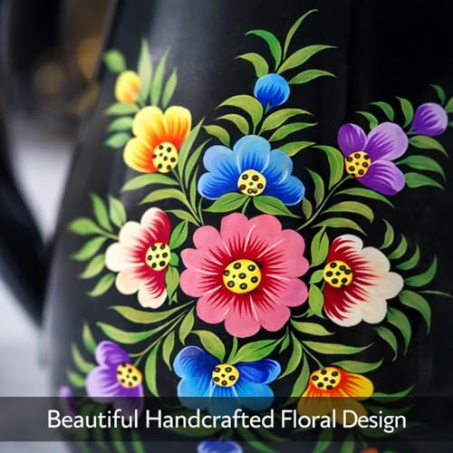 Image of iHandikart Handpainted Stainless Steel Water Jug | Black Floral Design Steel Pitcher for Water, Juice & Milk | Decorative Serving Jug for Kitchen, Dining & Home Decor | 8 x 6 Inch