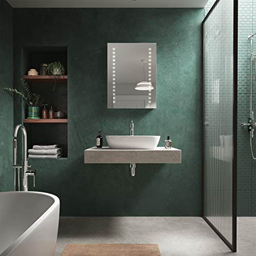 Pebble Grey™ Aurora Illuminated LED Bathroom Mirror with built-in Shaver Socket and Bluetooth Speakers | Heated Demister Mirror Pad | Motion Sensor Switch | 500 x 700 | IP44 Rated | 10 Year Warranty