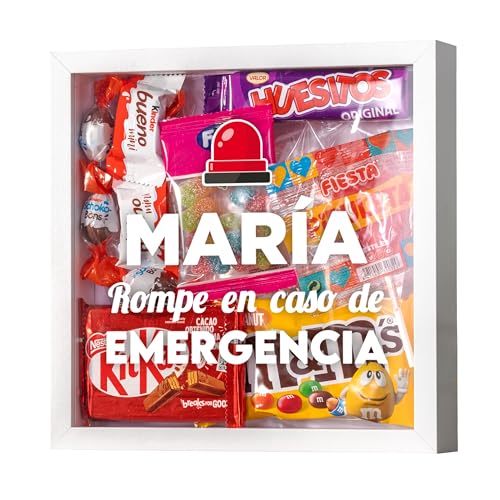 Made in Gift Marco Dulce Personalizado con Chocolates y Chuches – Regalo Original con Nombre – Kit Dulce “Romper en Caso de Emergencia” – Regalo para Cumpleaños