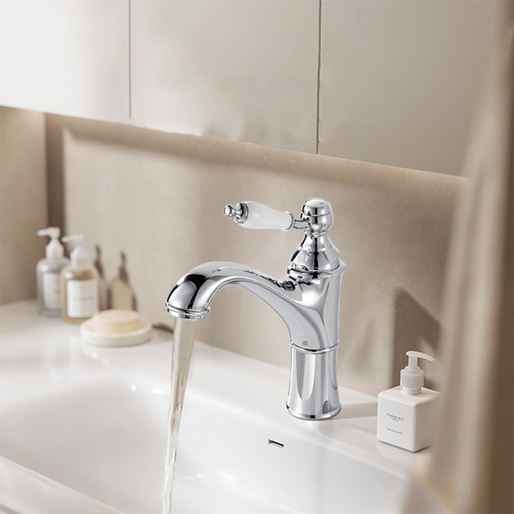 Rubinetto Lavabo Rubinetto Bagno, Stile Anticato Vintage Ottone Monocomando Miscelatore Bagno, Miscelatore Lavabo, Cromo, Argento