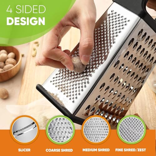 Image of XL 4-Sided Cheese Grater with Container, 100% BPA-Free Stainless Steel Box Graters, Parmesan Shredder, Grate Cheeses,kaddukash for Kitchen, Slip Resistant Handle, Kitchen Tools Black