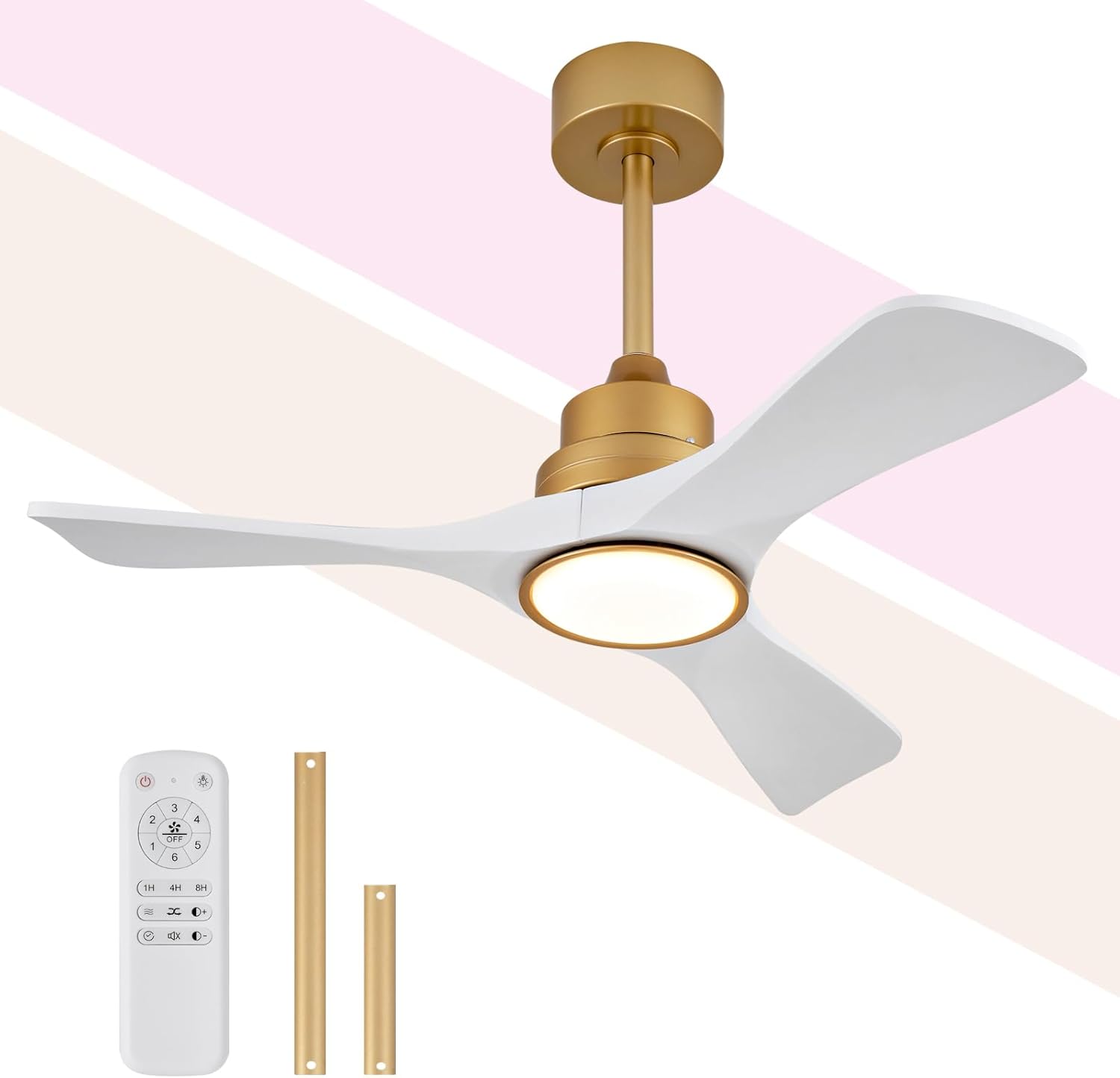 42 Inch White and Gold Ceiling Fans with Lights and Remote, 3 Solid Wood Blades, 6 Speeds, Quiet DC Motor, Dimmable LED, Modern Gold Ceiling Fan for Indoor Bedroom,Living Room,Patio Gold/White 3 Blades 42 inch