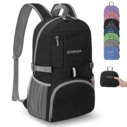 ZOMAKE Bag Faltbarer Rucksäcke 25L Kleiner - Daypack Faltbar für Damen Herren,Leichter Rucksack für Reisen Wandern Sport und Fahrrad(Schwarz)