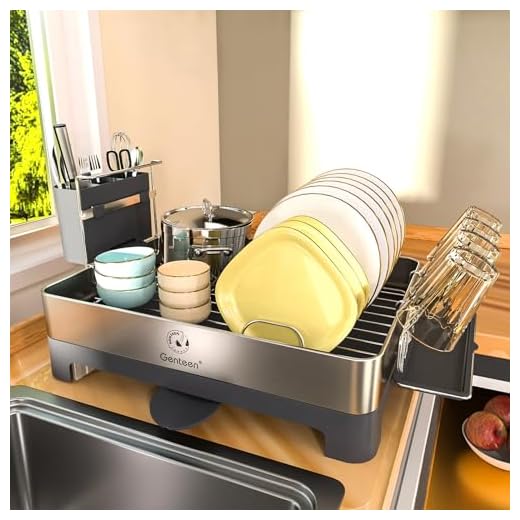 Genteen Dish Drying Rack, Large Dish Drying Rack with Drainboard, Stainless Steel Drying Rack for Kitchen Counter with Swivel Spout Utensil Holder