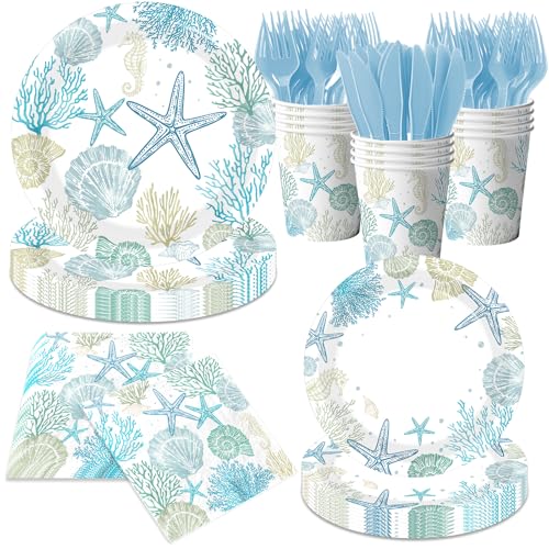Ocean Seashell Beach Plates and Napkin Coastal Beach Party Supplies Blue Starfish Seashell Coral Themed Disposable Tableware Cups Forks for Kids Summer Birthday Party Decorations, Serves 24