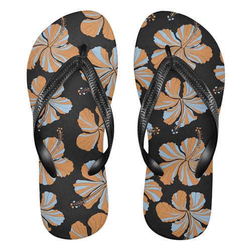 Maple Leaf Sketch Orange Hibiscus Flower Blossom Black Flip Flops for Beach Thong Sandals Anti-slip Lightweight Beach Shoes for Indoor Outdoor House