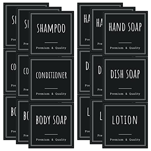 Image of Segbeauty 18pcs Waterproof Labels Black, Farmhouse Kitchen Bathroom Soap Dispenser Labels, Removable Self-Adhesive Container Bottle Sticker Set for Organizing Shampoo Conditioner Hand Soap Lotion