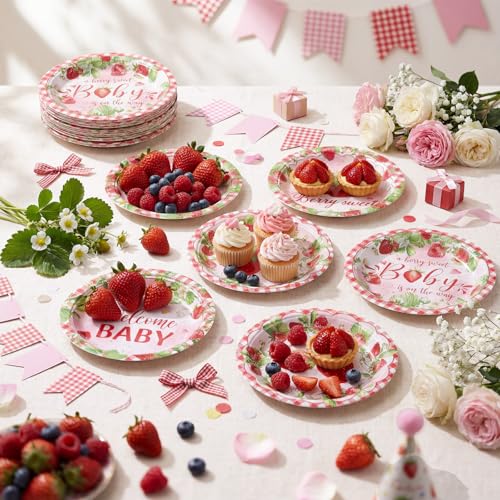 Image of Funnymoom 60 Pcs 7 Inch Strawberry Baby Shower Paper Plates a Berry Sweet Baby Is on The Way Party Decorations Strawberry Gingham Disposable Dessert Cake Plates Birthday Party Supplies