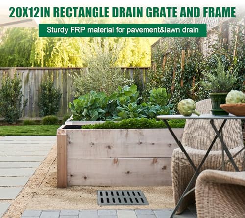 Natotela Outdoor Drain Grate and Frame, Rectangle Inlet Flat Sewer Drain Grate 20x12in,Fiberglass Sewage Drainage Grates and Base for Pavement, Catch Basin,Yard,Downspout(22\"x14\" Frame Size)