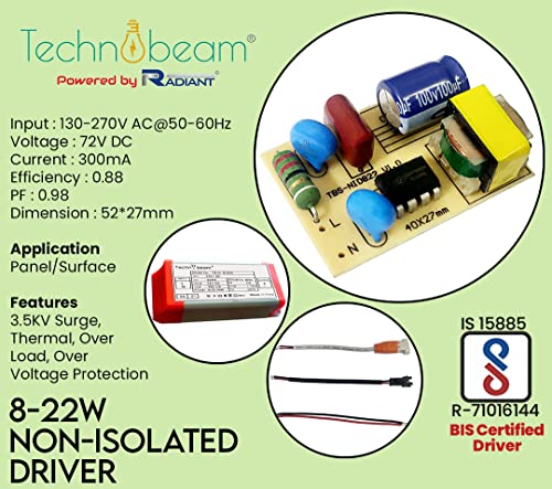 Image of TECHNOBEAM 8W To 22W-300mA BIS certified Non isolated Driver, Universal & Multipurpose LED Panel Light Driver for Surface Panel Light And Down light With (Red & Black Wire at Output, Pack of 4)