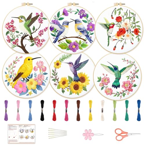 Image of BEUNITONE 6 Set Hummingbird Starter Embroidery Kit with Pre-Stamped Pattern