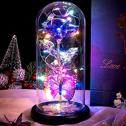 Gifts For Women, Galaxy Glass Rose Forever Eternal Crystal Flower Birthday Gifts Light Up Rose In Glass Dome With Butterfly For Her Mom Grandma Sister Wife Girlfriend Mothers Day Anniversary Purple #TOP3