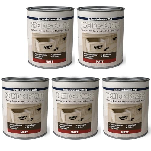 Vernice a gesso per legno, stile vintage, shabby chic, effetto anticato, grigio, 1 litro, 5 pezzi
