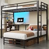 HOOBRO Bunk Bed Twin Over Twin with Desk, Twin Bunk Bed with 2 Shelves and LED Lights, Metal L-Shaped Bunk Bed with Guardrails, Twin Loft Beds Space-Saving, Black and Rustic Brown BF97UDBF01
