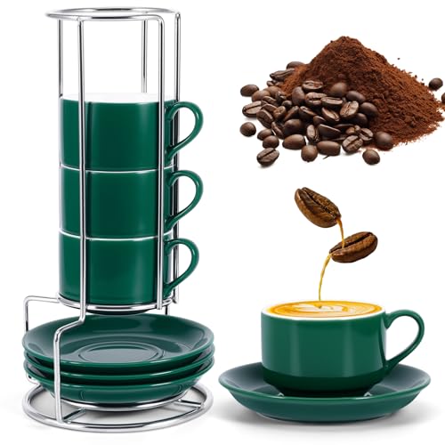 Houkiper Tazas de café y platillos de café de 100 ml, tazas de capuchino de porcelana con soporte de metal, juego de 6 tazas apilables para café, bebidas, té con leche, color verde