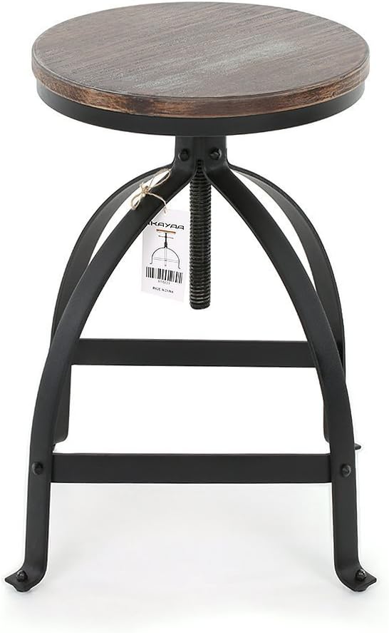IKAYAA Adjustable Height Swivel Kitchen Dining Chair Round Bar Stool Industrial Style Natural Pinewood and Steel (Type 2, Red Brown Type 2)