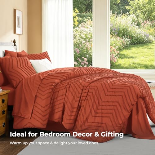 Image of Litanika Oversized King Size Comforter Set with Sheets Burnt Orange - 7 Pieces Bed in a Bag Oversized King Boho Tufted Complete Bedding Sets with Comforter, Sheets, Pillowcases & Shams