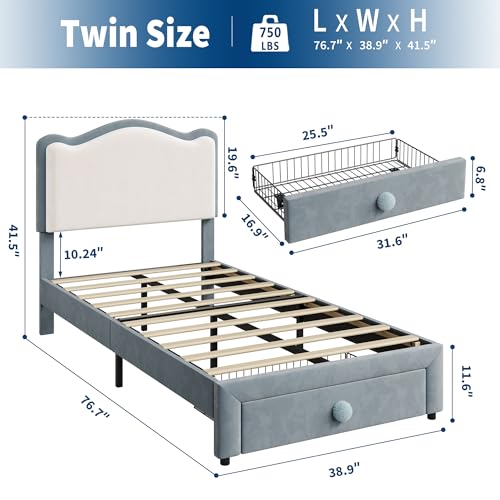 GarveeHome Upholstered Twin Bed Frame with Storage Drawer & Scallop Headboard, Cute Twin Size Platform Bed Frames for Boys, Girls, Wooden Slats Support, No Box Spring Needed, Blue/White