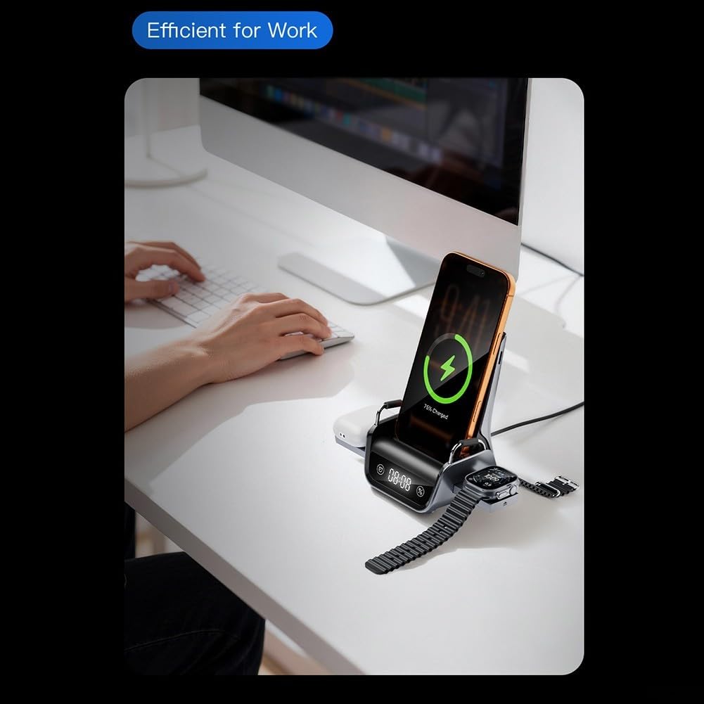 Caricatore Wireless 4-in-1 con 22.5W Caricatore Wireless 4-in-1 | Ricarca simultanea 4 dispositivi, display per ora integrato, uscita 22.5W, design compatto , ABS e lega di zinco