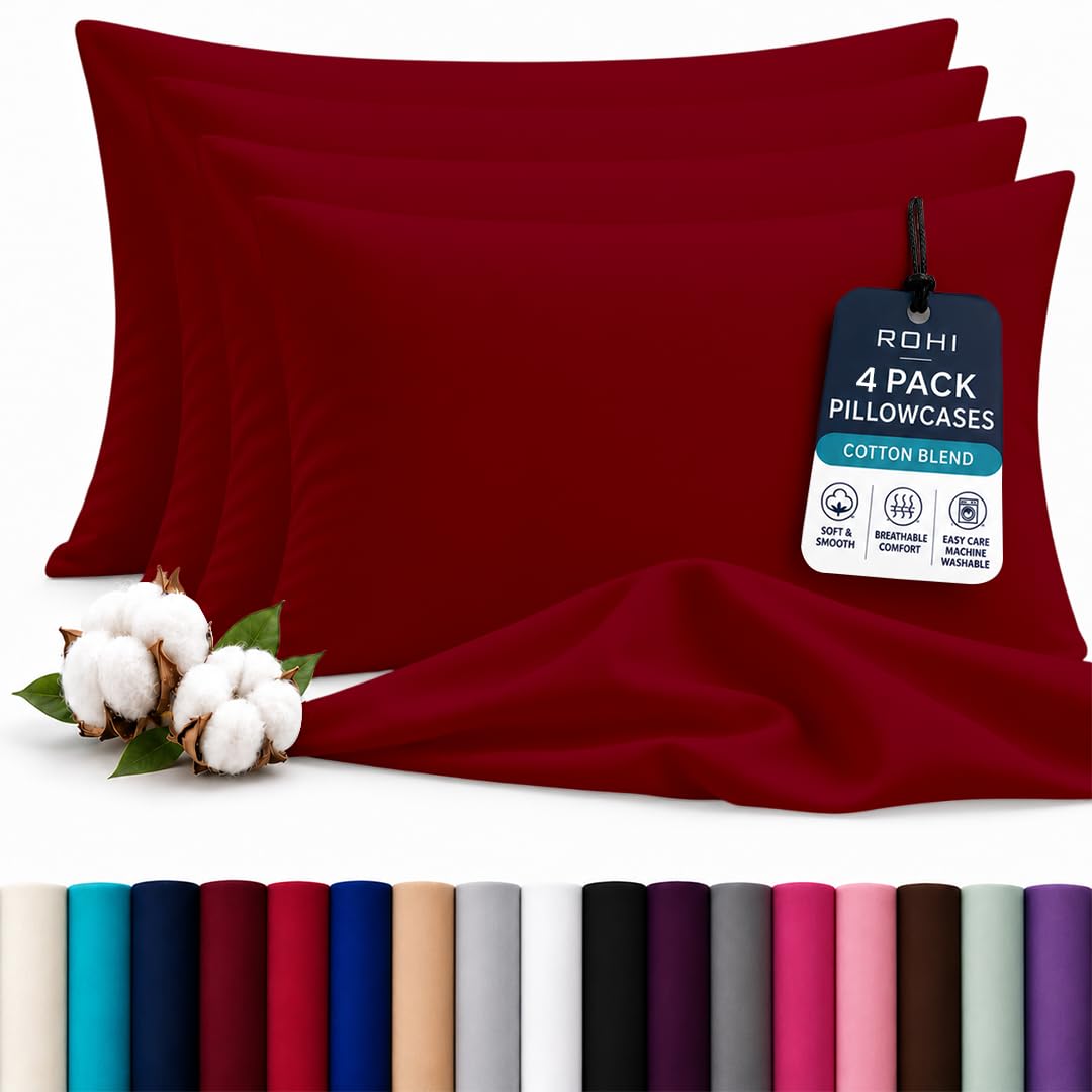Rohi Luxury Burgundy Pillow Cases 4 Pack - (50×75cm) | Soft & Comfy Cotton Blend Pillow Covers with Envelope Closure | Breathable, Anti-Allergy, Fade & Wrinkle Resistant