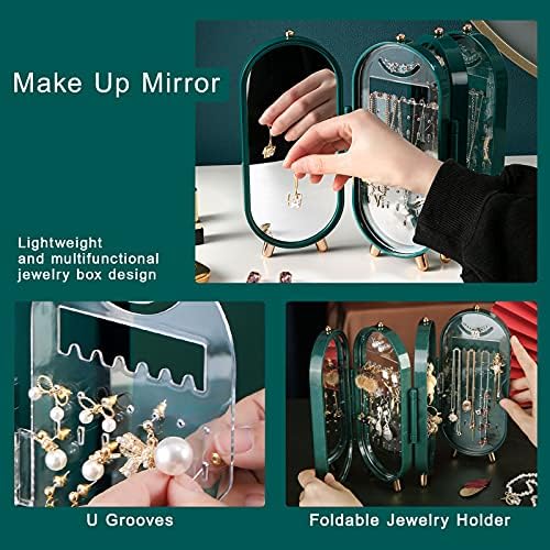 BRIAN & DANY Jewellery Box Storage Stand, Earring Display Organizer Holder with Mirror and 4 Doors, Foldable Screen for Women Hanging Necklace, Green
