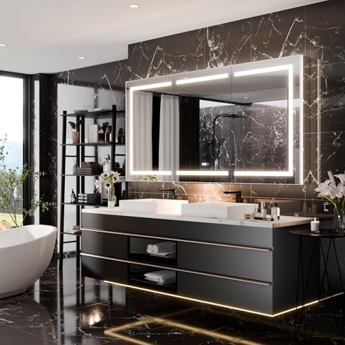 SHINEUX Luxury LED Lighted Medicine Cabinet with Mirror Dimmable, Defogging, 72 inch Commercial Medicine Cabinet, Outlets for Apartments, Hotel, Wide Open