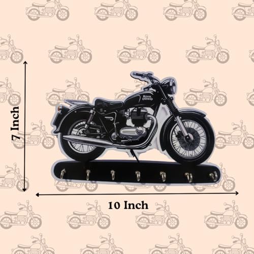 Image of Bike Key Holder for Wall - Royal Enfield Style Wooden Motorbike Key Hanger with 7 Metal Hooks - Wall Mounted Key Stand & Entryway Organizer for Home Decor, Biker Gift