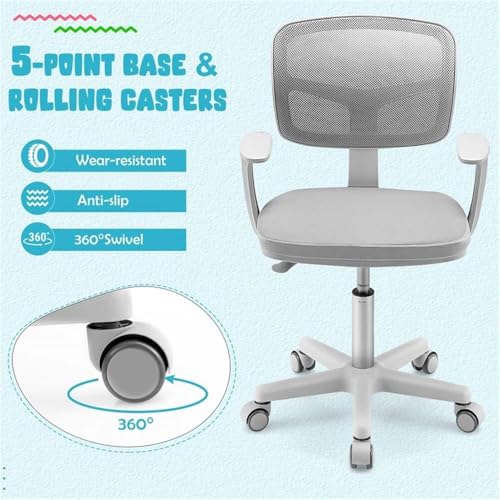 Image of Pemberly Row Kids Study Chair, Adjustable Height 31.5 inch-36 inch, Mesh Back, Padded Armrests, Auto Brake Casters, Y-Shaped Lumbar Support, Swivel Seat, Gray Upholstery, Comfortable Chair for Children