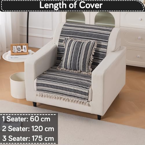 Image of HOKIPO 'Artisan Boho Series' 450 GSM Sofa Cover with Tassels | Multicolor Cotton Acrylic Jacquard Slipcover for 1 Seater Sofa, Size 152x60 cm, Charcoal Black (IN-907-A3)