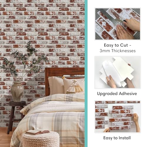 Commomy 10 Pcs 3D Faux Brick Wall Panels -11.8\"X11.8\" Small Size Thin PVC Peel and Stick Brick Farmhouse DIY Brick Backsplash for Fireplace, Bedroom, Living Room, Kitchen - Thumbnail 5