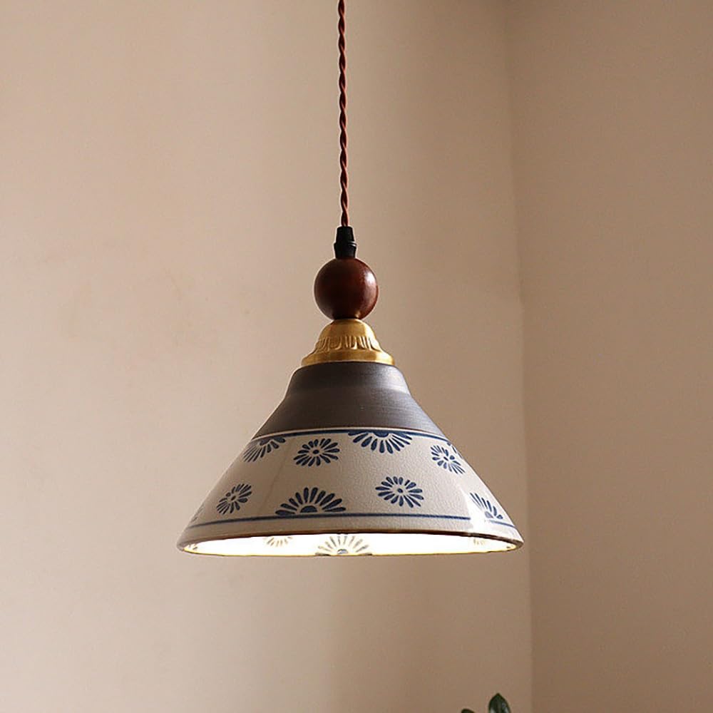 COSRUB Retro Cone Ceramic Pendant Lamp, Blue and White Porcelain Hanging Lighting Chinese Scalloped Small Chandelier Light for Bedside Entryway Reading Nook(Flower)