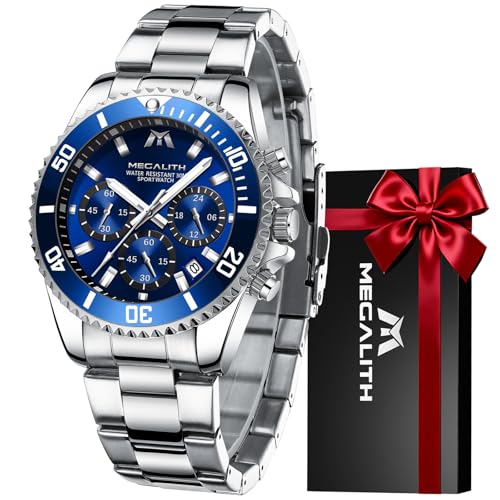 Imagen de MEGALITH Reloj Hombre Cronógrafo Acero Inoxidable Relojes Pulsera Hombre Esfera Azul Analogico Plata Luminosa Fecha