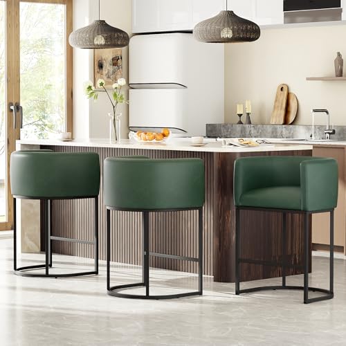Image of 26 inch H Counter Height Bar Stools Set of 1, Modern Barrel Counter Stools with Backrest and Arms, Faux Leather Upholstered Accent Barstools for Kitchen Island,Support 450 LBS (Green)