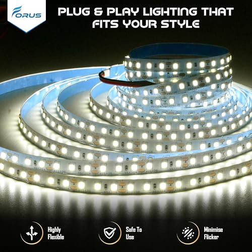 Image of Forus 5 Meter (5M) 8mm Natural White LED Strip Light, 120 LEDs /M Plug & Play Flexible Lighting for Home Decor, False Ceiling, Pooja Room, Living Room, Kitchen, Mirror, Stairs, 2-Year Warranty