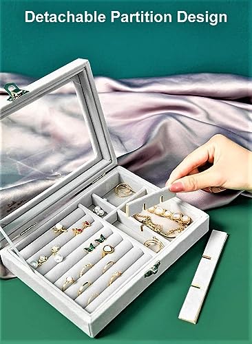 Image of Premium Women Jewelry Storage Box, Open Window Velvet Ring, Bracelets, Earrings Display, 9 Grids Lockable, Removal Tray, Ring Slot, Jewelry Tray Travel Case (pack of 1 piece, grey)