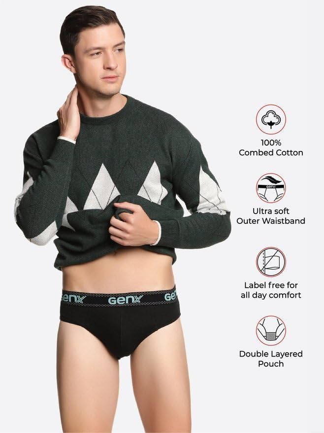 Image of Genx Jazz Men's 100% Cotton Briefs with Comfortable Waistband(Pack of 3)(Colors&Print May Vary)
