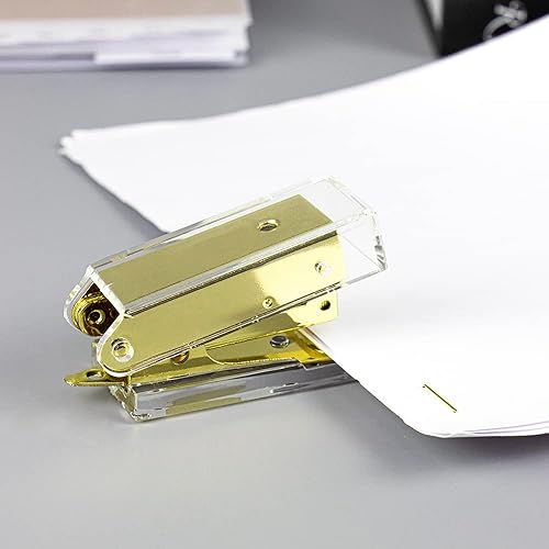 Miniatura 9 de Mini engrapadora de oro amarillo para escritorio 18 hojas de capacidad para grapas estándar 266 246 herramientas de grapado de metal acrílico para