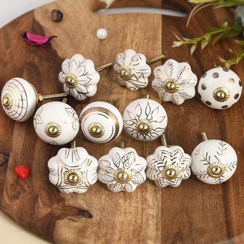 Fashionshopmart Set of 12 PC Gold Ceramic Knobs Vintage Door knobs - Handle Knobs - Cabinet knobs - Drawer knobs - Cabinet pulls - Door knobs (White and Gold, Pack of 12)