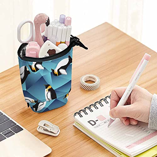 Image of Swono Penguin Pencil Holder Abstract Blue Crystal Ice Stand Up Pencil Case Pencil Pouch Cosmetics Bag For Women Men