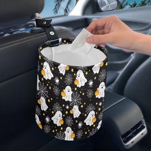 Image of Cute Ghost Car Trash Bag, Car Trash Can - Cute, Portable, Collapsible for Back Seat, Floor,Hanging Headrest Waste Basket - Auto Garbage Accessory