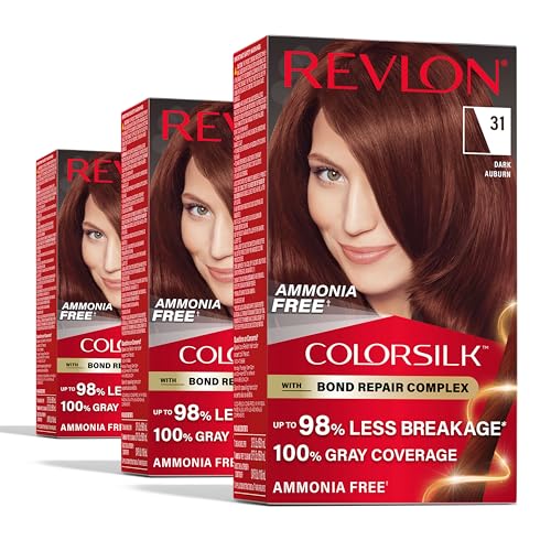 Revlon ColorSilk with Bond Repair Complex, Auburn Permanent Hair Color, 100% Gray Coverage, Ammonia Free Hair Dye, Vegan Keratin, 31 Dark Auburn (Pack of 3)