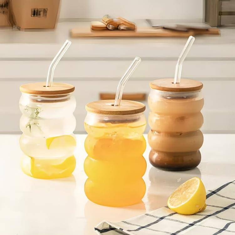 Image of SKDBPM Can with Straw, Transparent Glass Fruit Juice Milk Sipper Tumbler Mug with Lid and Glass Straw - 540ml - Pack of 1 (2 Wave Mug)