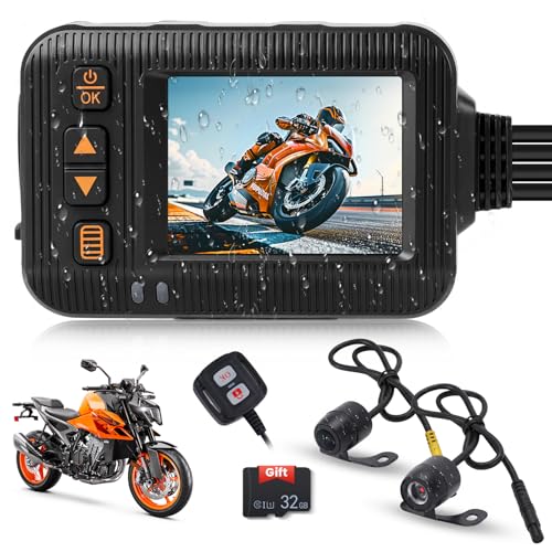 Motorcycle Dash Cam Front and Rear Hodozzy 1080P Dual Motorbike Camera 2.0 Inch Display IP65 Waterproof Loop Recording Parking Monitoring Wired Control for All Motorcycles