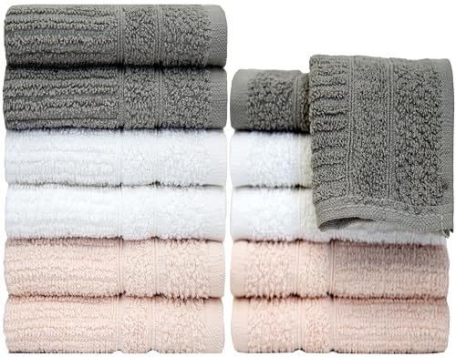 Image of PH Pleasant Home Ribbed Wash Cloths Set - 12 Pack (12 inch x 12 inch) - 509 GSM - 100% Ring Spun Cotton Wash Cloth - Super Soft and Highly Absorbent Face Towels (Light Grey, White & Pink)