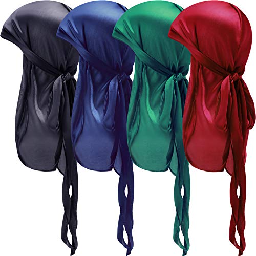 Image of 4 Pieces Baby Silky Durags with Long Tail and Wide Straps Kids Satin Durag Caps Child Headwraps for 360 Waves