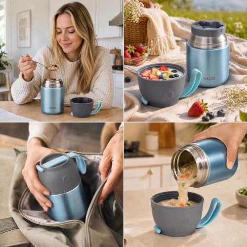 Image of Insulated Thermo Food Jar for Hot & Cold Food for Kids Adult, 17 oz Soup Thermal Hot Food Containers for Lunch, Triple Layer Insulation Stainless Steel Food Jar with Spoon (Lightblue)